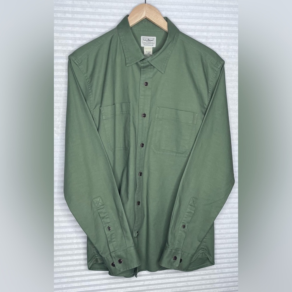 LL Bean BeanFlex® Twill Shirt, Traditional Untucked Fit, Long-Sleeve S REG Green
